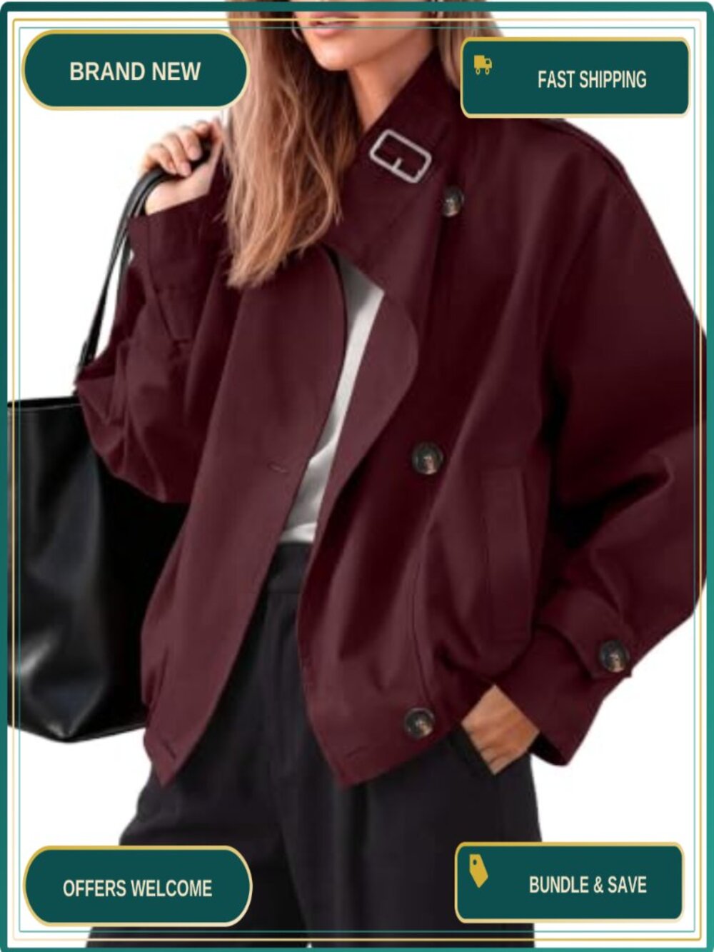 Women's Funnel Neck Cropped Trench Coat Button Front Casual Jacket